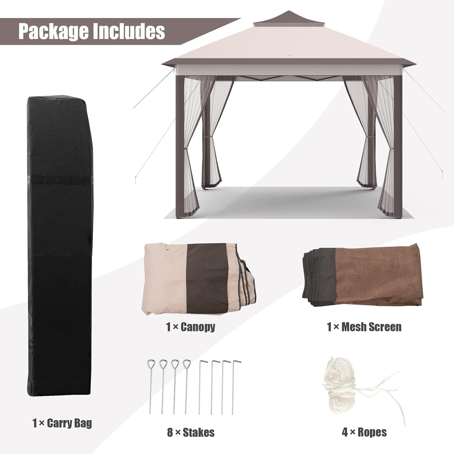 Tangkula 11x11 Ft Pop up Gazebo, 2-Tier Patio Gazebo with Netting, Carry Bag, Easy Set up Outdoor Gazebo with 121 Square Feet of Shade for Backyard, Deck, Poolside (Beige)