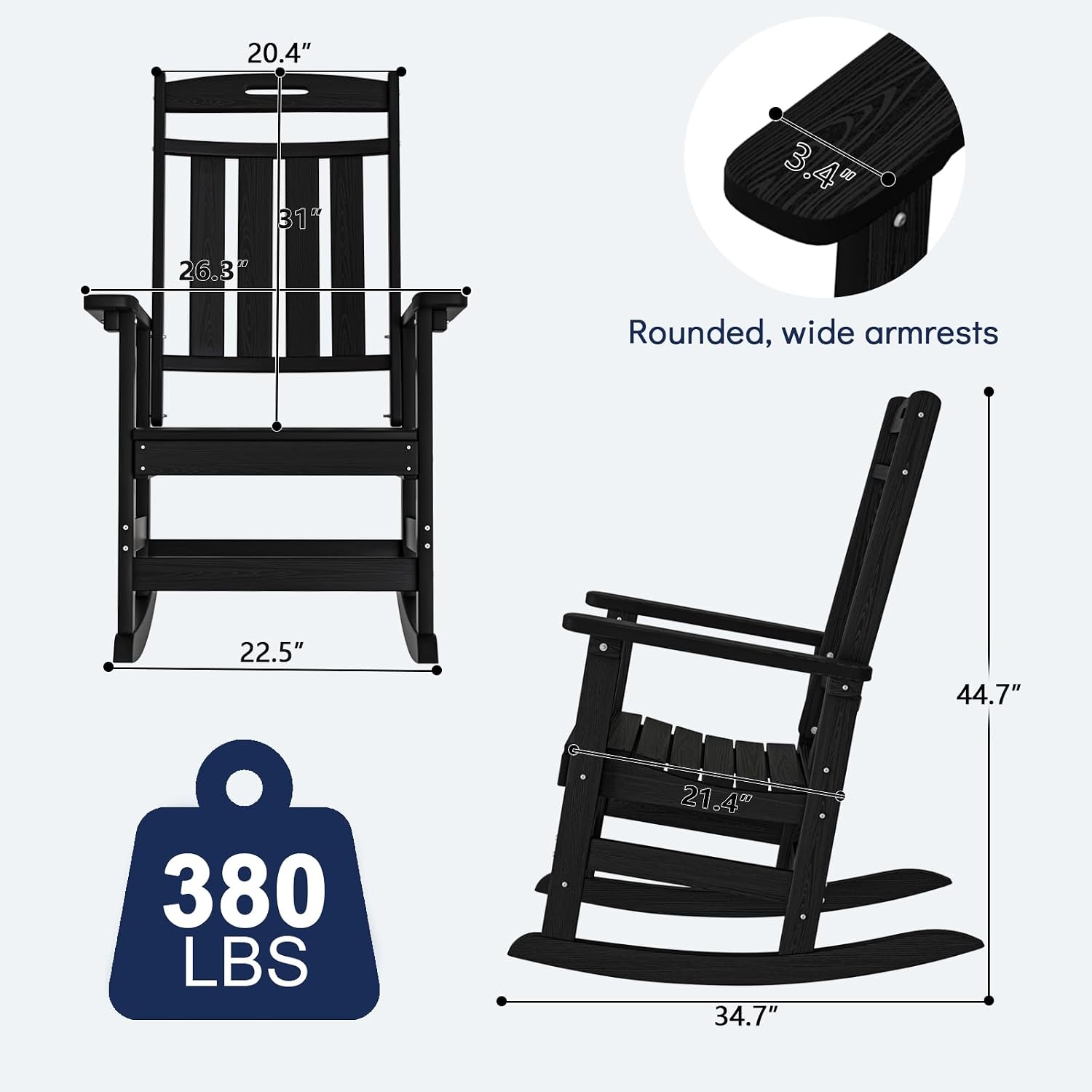 Plawdlik Oversized Rocking Chair Set of 2,HDPE All-Weather Outdoor Rocking Chair,Patio Rocking Chairs for Porch.Black