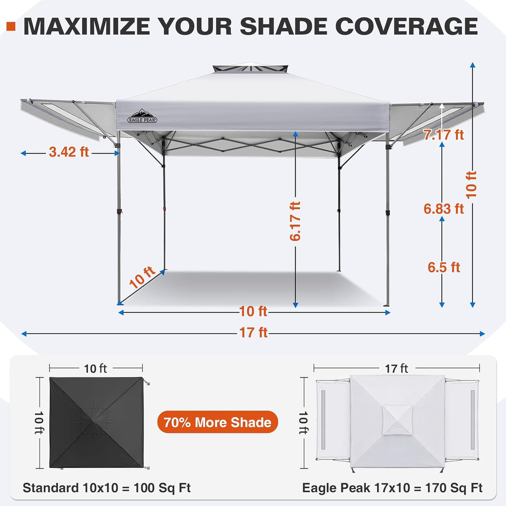EAGLE PEAK 17x10 Pop up Gazebo Canopy Tent Outdoor Instant Canopy Shelter with Adjustable Dual Half Awnings (White)