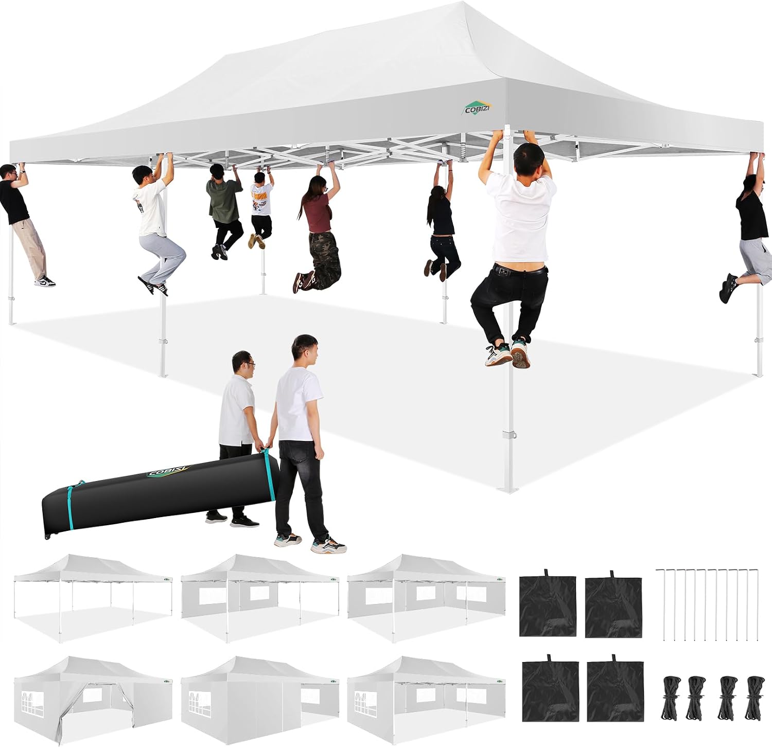 COBIZI 13x26 Heavy Duty Pop Up Canopy with 6 Sidewalls Party Tent Outdoor Wedding Large Event Tent with Roller Bag for Garden Lawn Waterproof UPF 50+ Easy Up, White (Framework Upgraded)