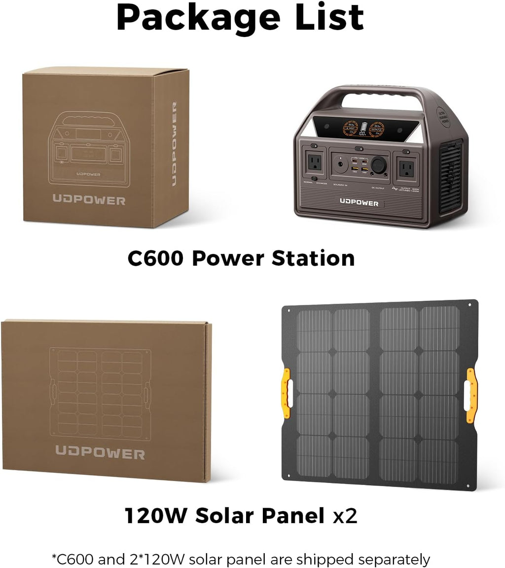 UDPOWER C600 Solar Generator with 120W Solar Panel - 600W Portable Power Station(Surge 1200W) AC Output, 595Wh LiFePO4 Battery, for Camping, Travel, RV, Emergency Power Backup(Brown)
