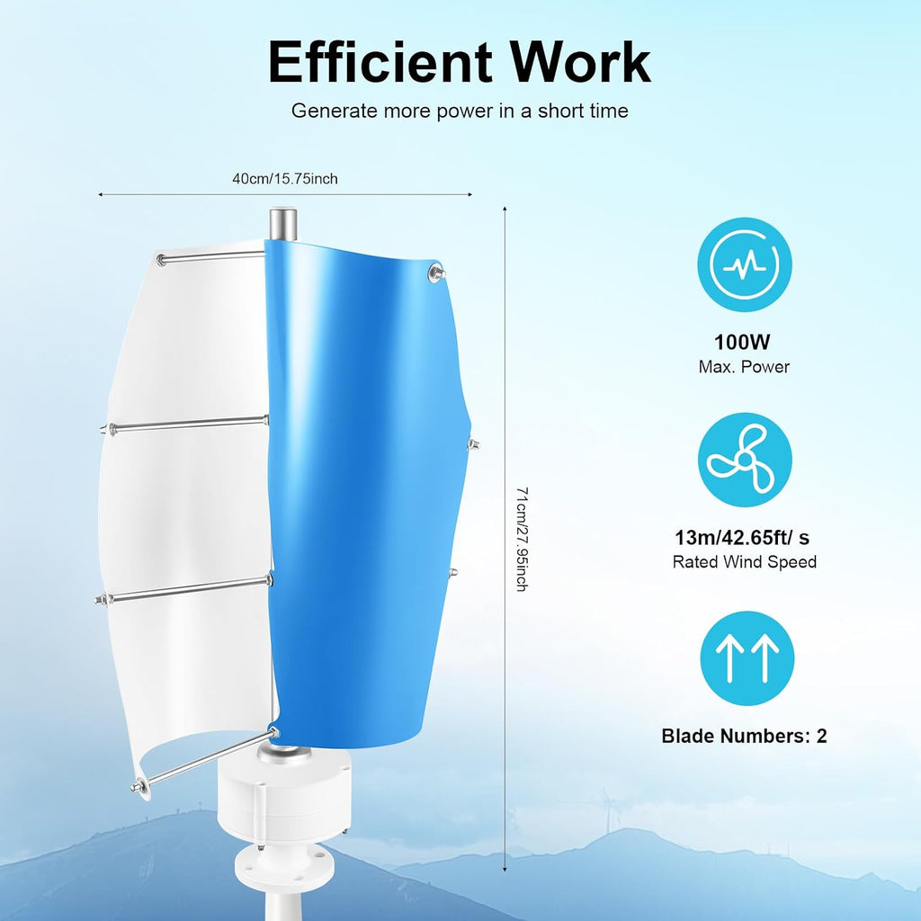 12V 500W Vertical Axis Wind Turbine Generator with Controller, Wind Turbine Generator Kit for Home Use, Rated Wind Speed 13 m/s, for Home, Business, Industrial Energy Supply
