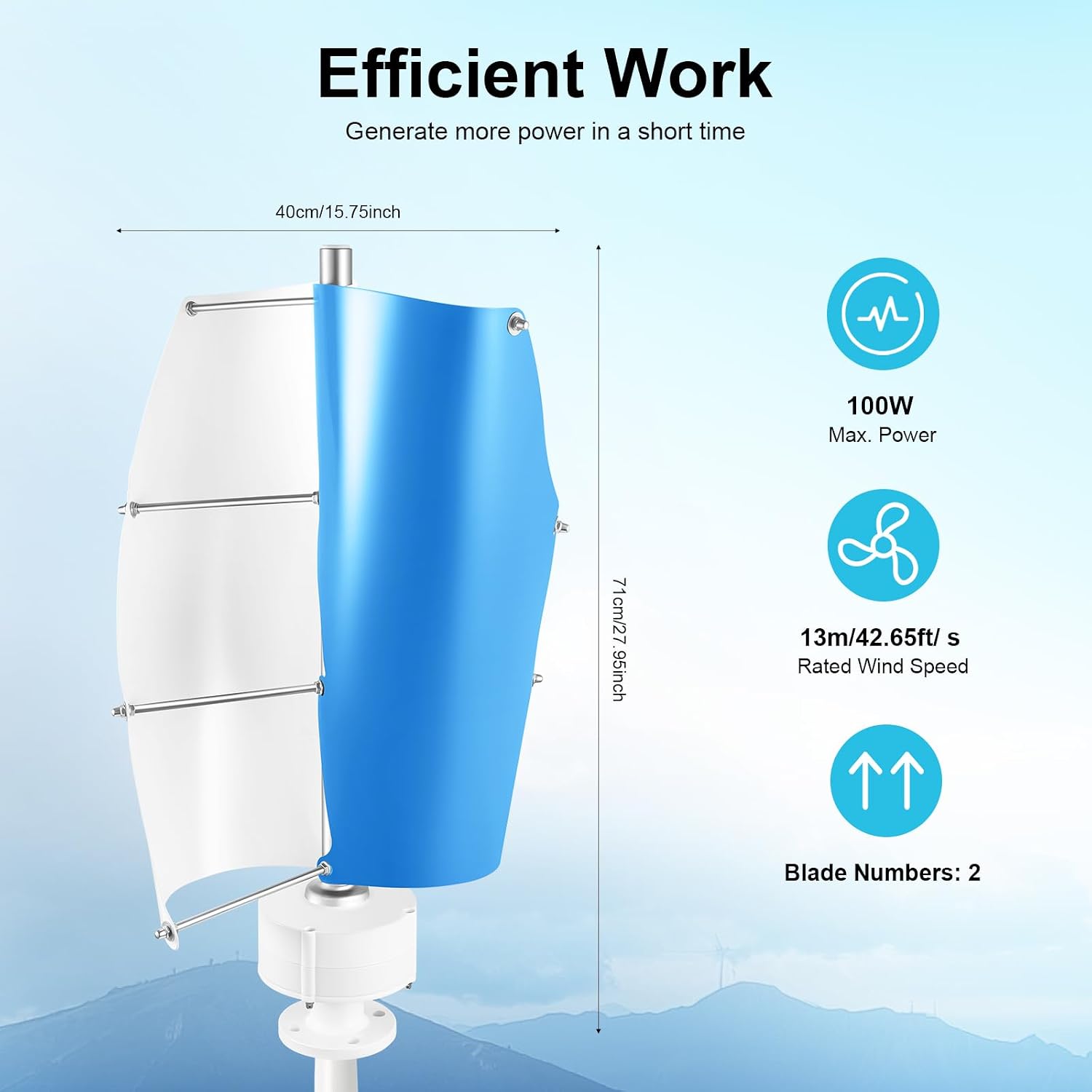 Vertical Wind Turbine, 500W 12V Portable Axis Wind Generator Kit with Controller, 2 Blades Wind Power Generator for Marine RV Home Industrial Energy (Blue+White)