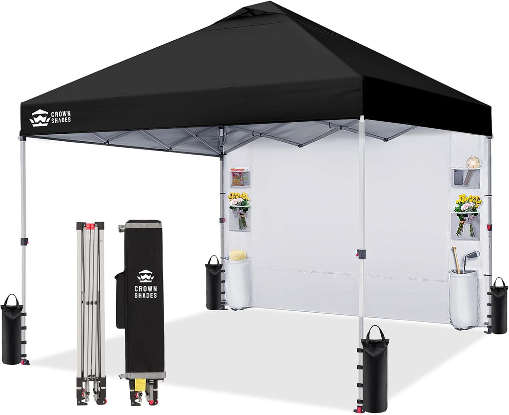 CROWN SHADES Canopy Tent, 10 x 10 Foot Portable Pop Up Outdoor Shelter with Pocket Sidewall, Push Center Lock, UV Protection, and Carry Bag, Black