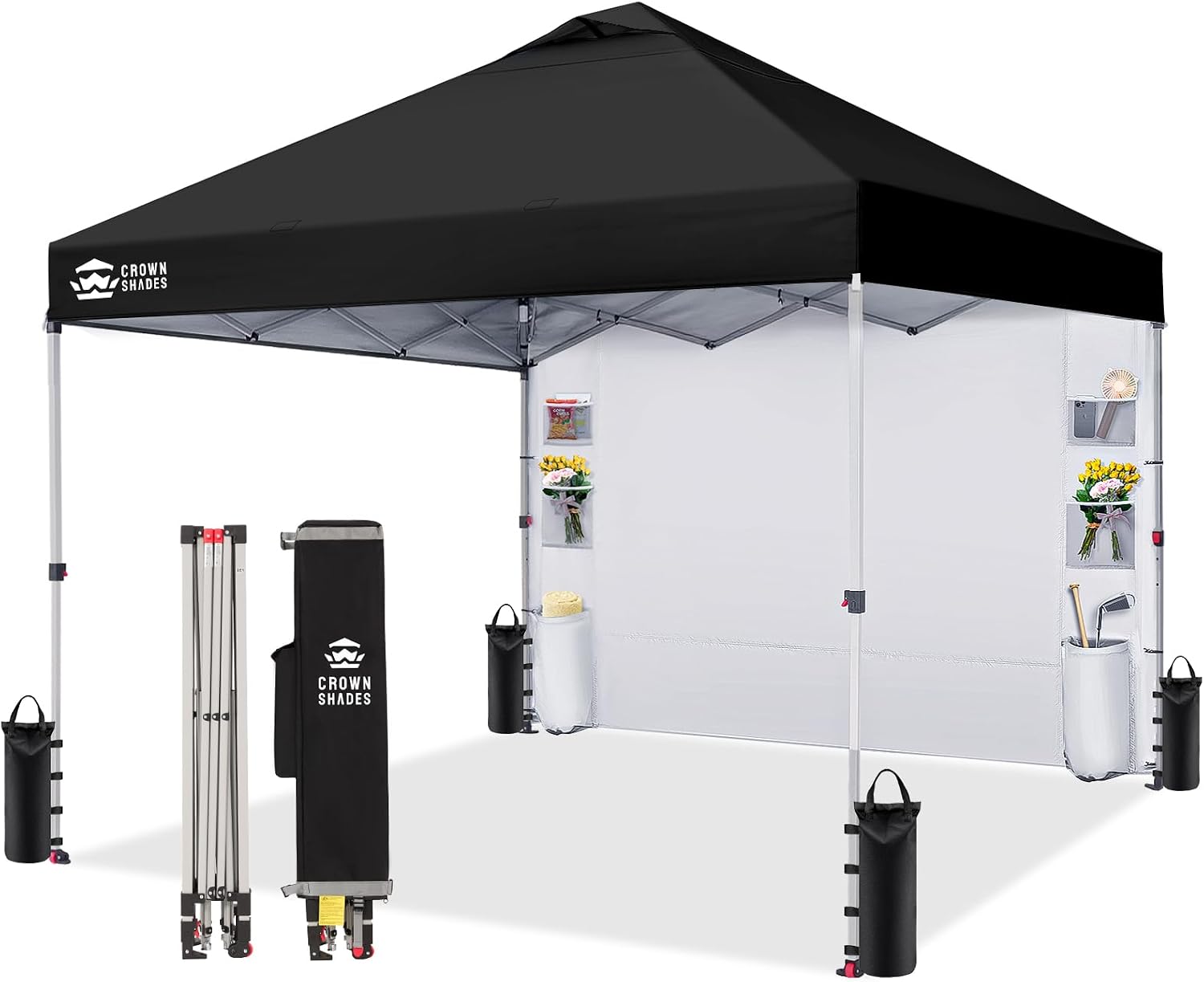 CROWN SHADES Canopy Tent, 10 x 10 Foot Portable Pop Up Outdoor Shelter with Pocket Sidewall, Push Center Lock, UV Protection, and Carry Bag, Black