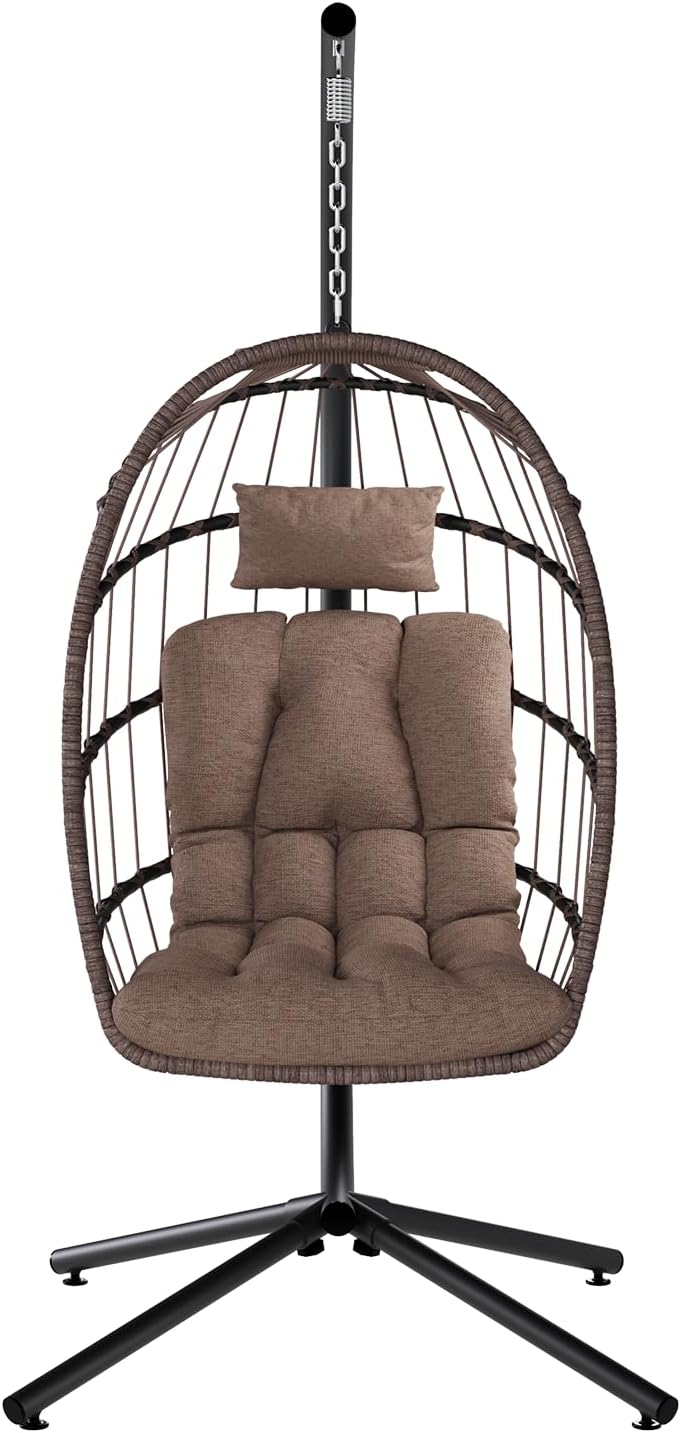 SWITTE Egg Chair Outdoor with Stand, Indoor Wicker Hanging Egg Swing Chair with Cushion, 350lbs Capacity for Patio, Bedroom, Garden - Brown