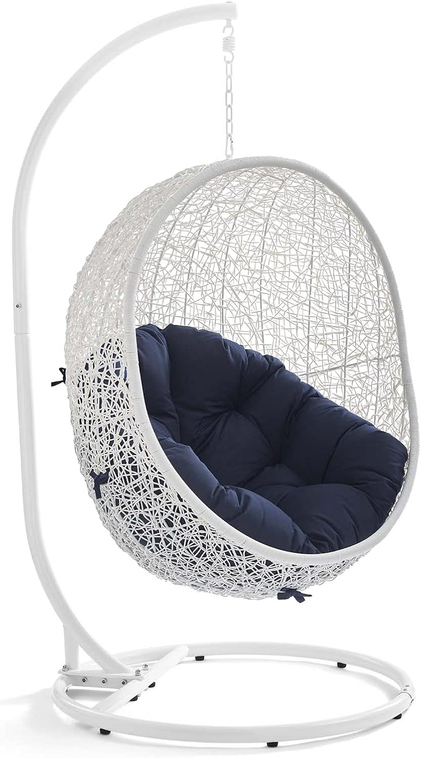 Modway Hide Wicker Rattan Outdoor Patio Porch Lounge Egg Swing Chair Set with Stand in White Navy