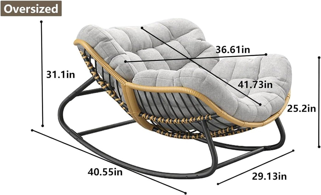 Oversized Papasan Rocking Chair with Extra Thick Cushion, Rattan Wicker Egg Chair for Indoor & Outdoor Use – Cozy Swivel Lounge Chair for Patio, Living Room, Bedroom, or Porch, Grey