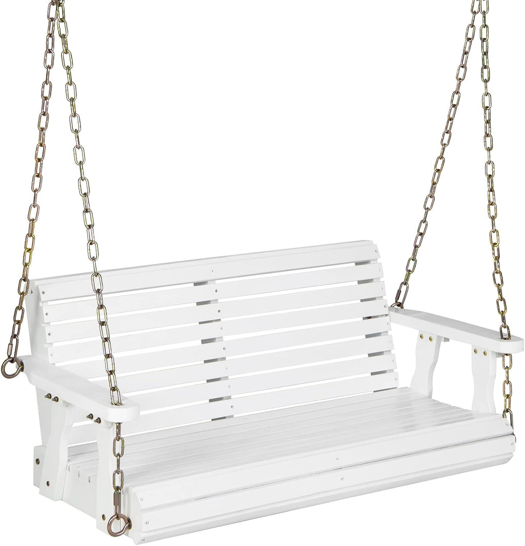 Giantex Wooden Porch Swing 2 Seat - Outdoor Swinging Chairs with Hanging Chains, 600 lbs Weight Capacity, 4 FT Finished Fir Wood Bench Swing for Patio, Outside, Garden, Lawn, Backyard (White)