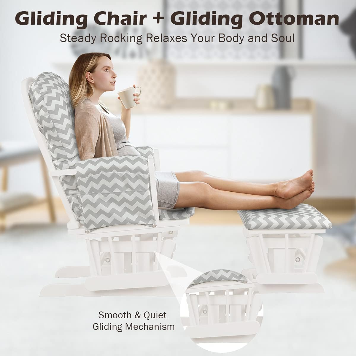 Costzon Nursery Glider with Ottoman, Upholstered Comfort Glider Rocker with Padded Cushion, Storage Pocket, Solid Wood Base, Rocking Chair Nursery for Breastfeeding, Napping (Gray and White)