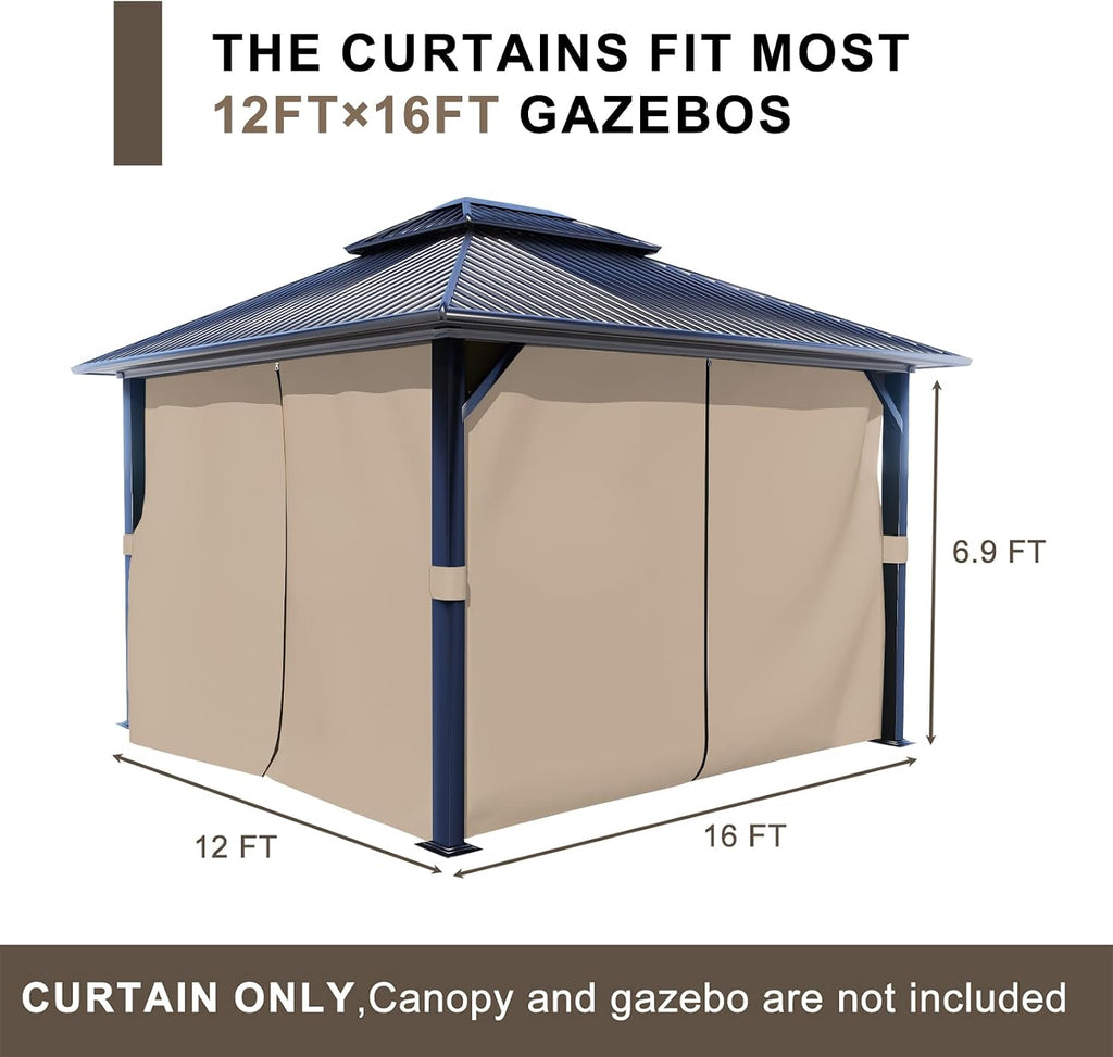 BPS 12' x 16' Gazebo Privacy Curtains with Double Zipper, 4-Panels Side Wall Universal Gazebo Side Panels Replacement for Patio, Outdoor Canopy, Garden and Backyard (Curtain Only)