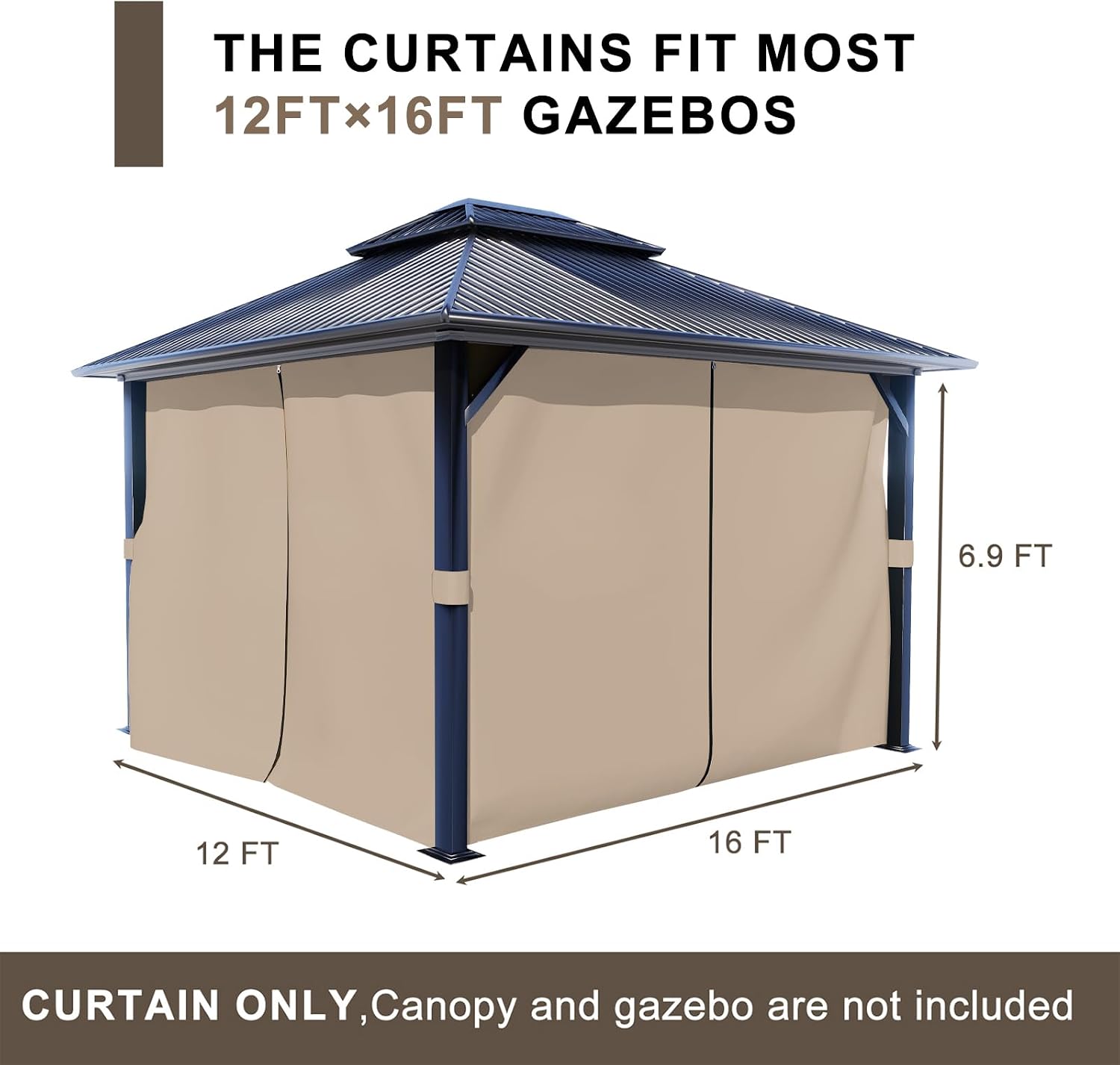 BPS 12' x 16' Gazebo Privacy Curtains with Double Zipper, 4-Panels Side Wall Universal Gazebo Side Panels Replacement for Patio, Outdoor Canopy, Garden and Backyard (Curtain Only)