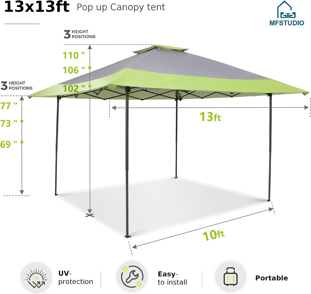 MFSTUDIO 13x13 Pop Up Canopy Tent, Gazebo Shelter Sun Shade Canopies Patio Portable Popup Tents Outdoor for Beach,Parties,Camping, 169 Sq. Ft of Shade