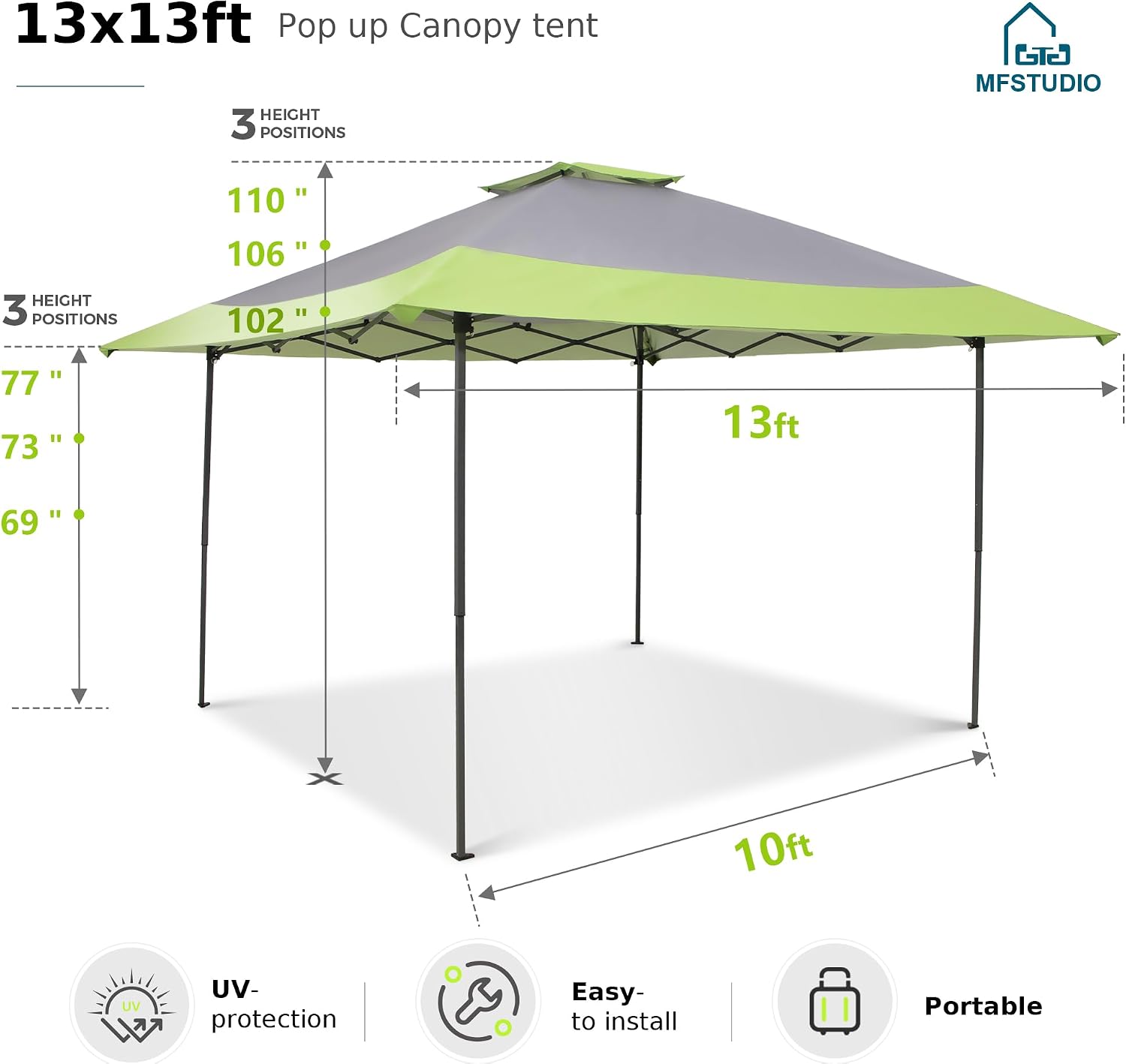 MFSTUDIO 13x13 Pop Up Canopy Tent, Gazebo Shelter Sun Shade Canopies Patio Portable Popup Tents Outdoor for Beach,Parties,Camping, 169 Sq. Ft of Shade