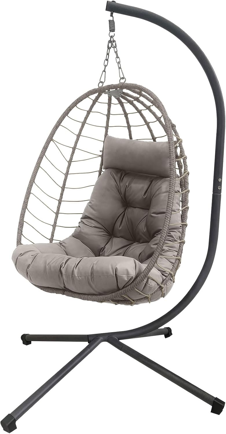 Foldable Egg Chair Outdoor with Stand, Indoor Wicker Hanging Egg Swing Chair with Cushion, 350lbs Capacity for Patio, Bedroom, Garden - Light Gray