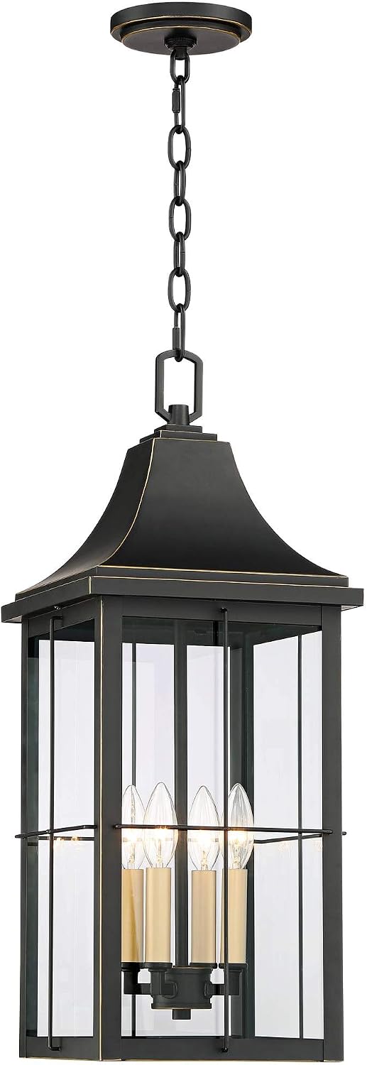 John Timberland Sunderland Traditional Outdoor Hanging Ceiling Light Fixture Black Warm Gold 24 3/4' Clear Glass Panels Exterior House Porch Patio Outside Deck Garage Front Door Garden Home Gazebo