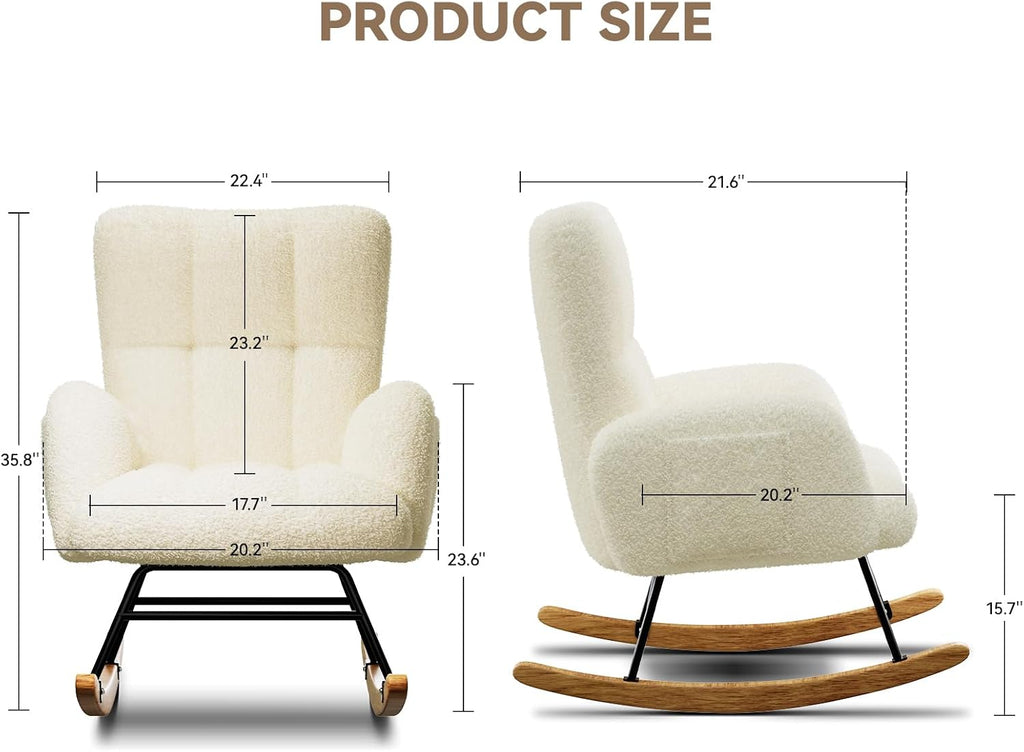 LUCKLIFE Rocking Chair Nursery,Teddy Upholstered Glider Rocker Chair with High Backrest,Reading Chair Modern Rocking Accent Chairs with Side Pockets for Living Room,Bedroom (Without Ottoman, Beige)