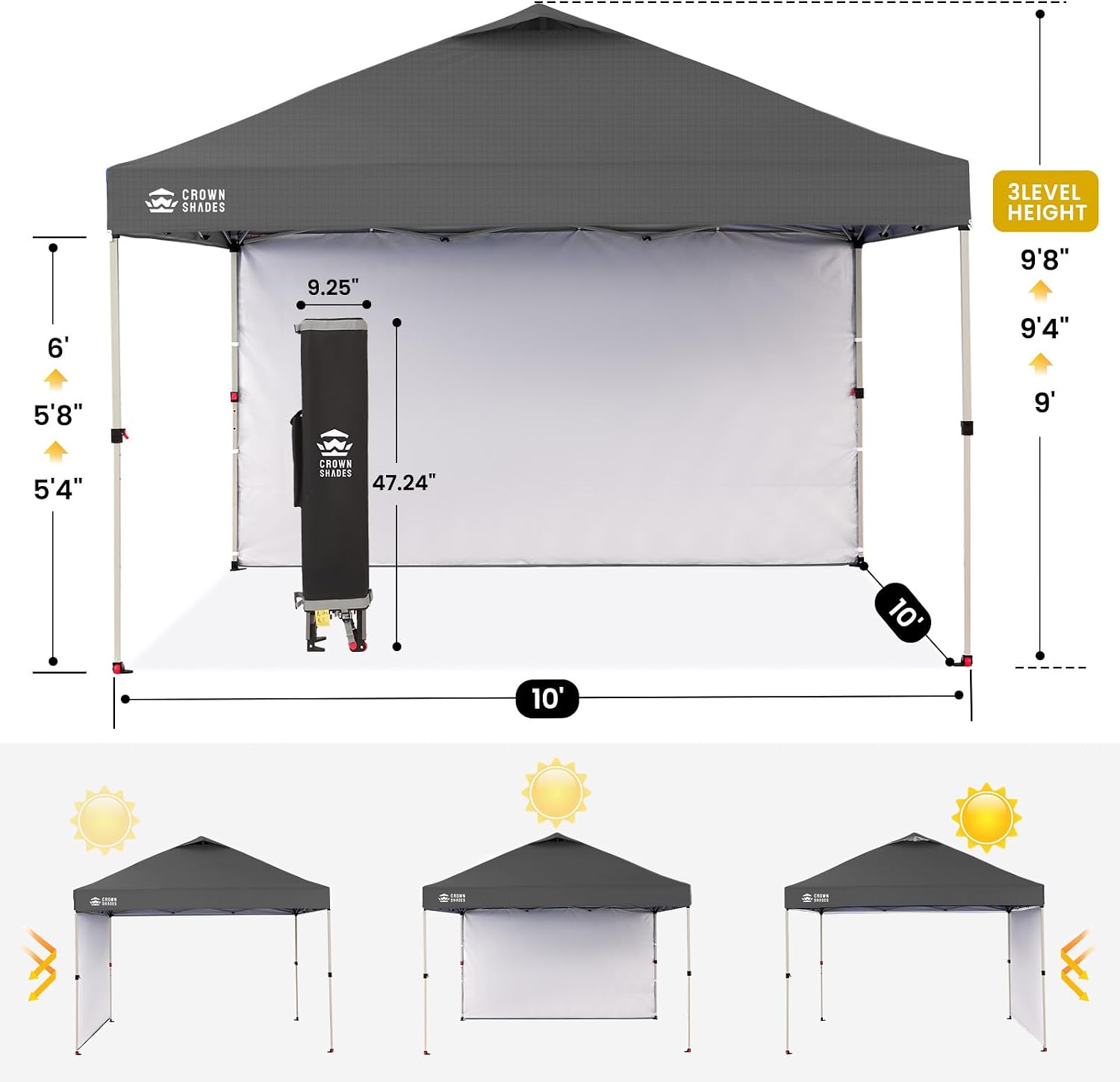 CROWN SHADES 10x10 Pop Up Canopy with 1 Side Wall - Beach Tent with One Push Setup - Outdoor Sun Shade for Events, Parties, Camping - Gazebo with STO-N-Go Cover Bag (Grid Grey)