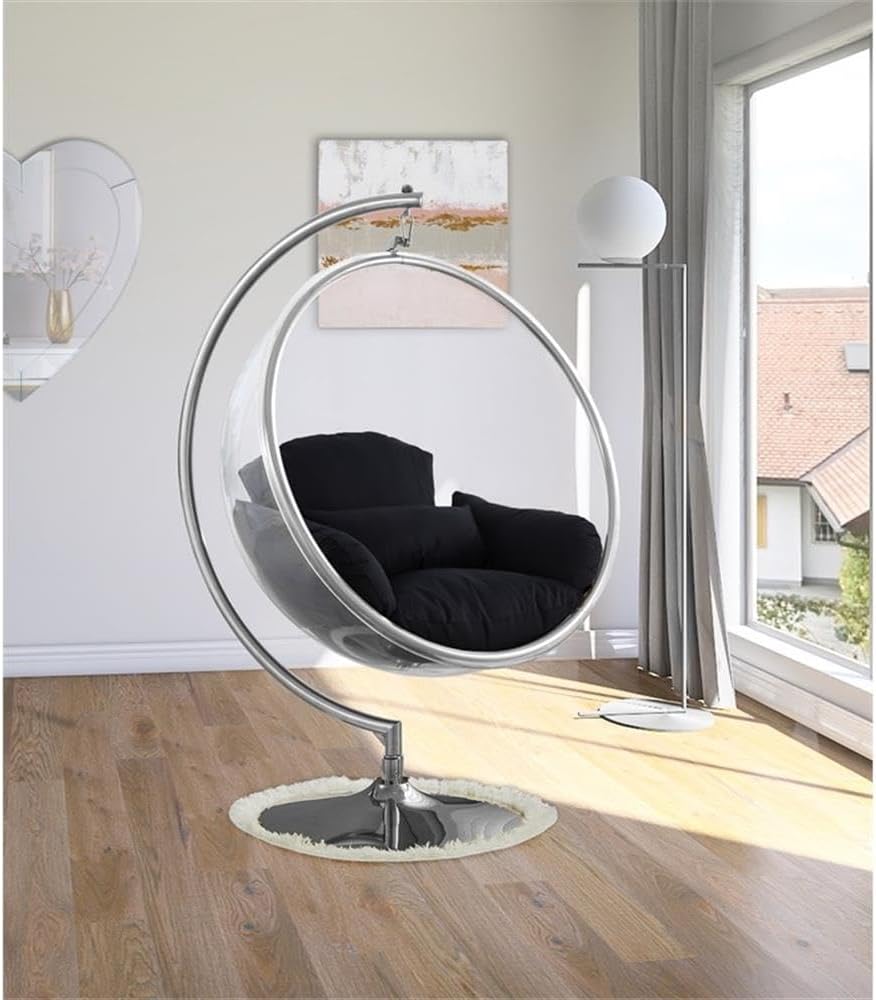 Meridian Furniture 507Black Luna Collection Modern | Contemporary Clear Acrylic Accent Swing Chair with Durable Metal Base and Fabric Seat, Black, Chrome Finish, 41.5' W x 29.5' D x 64' H