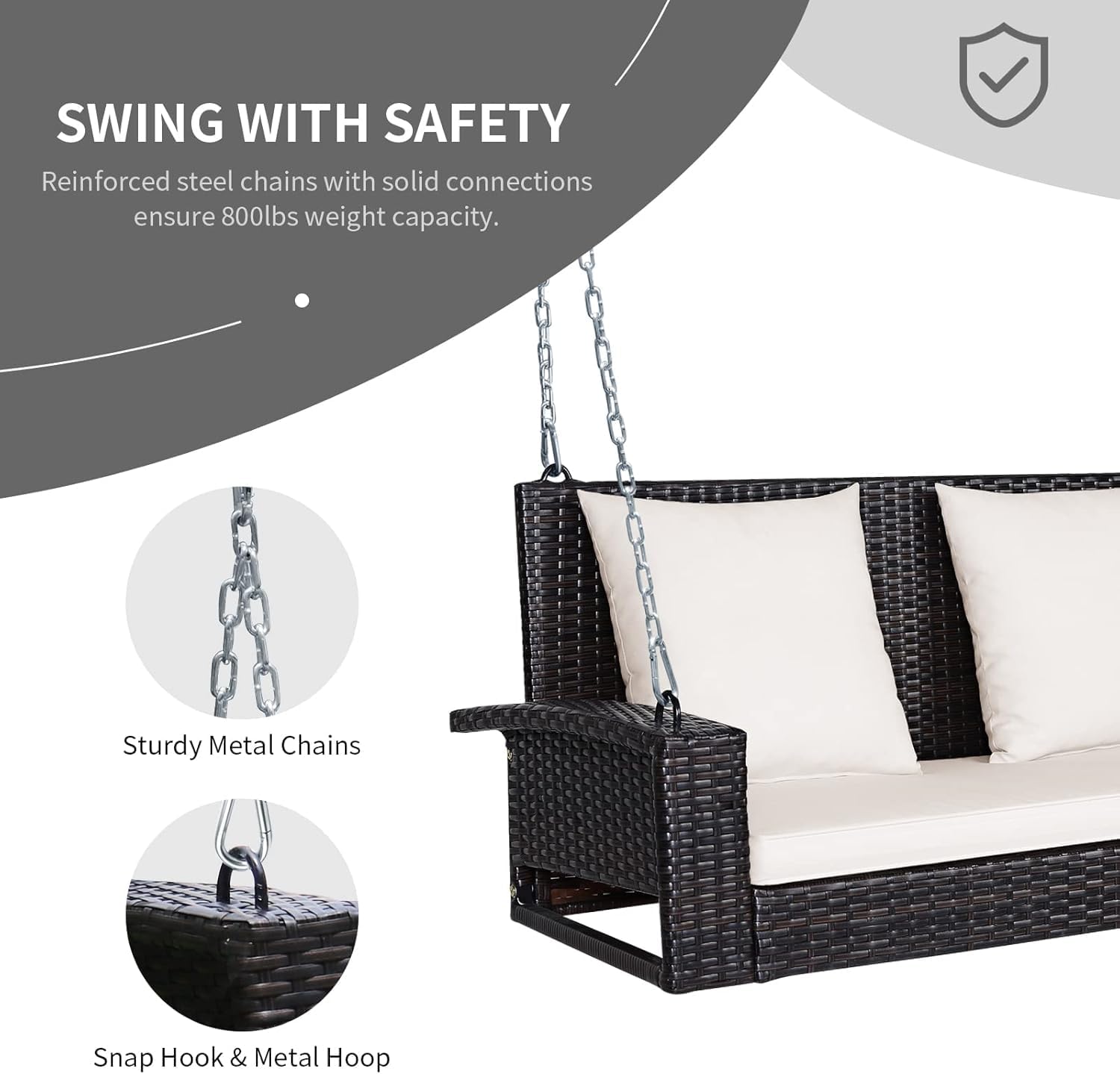 RELAX4LIFE 2-Seat Rattan Porch Swing, Wicker Outdoor Swings w/7.9 Ft Solid Metal Chain, Back & Seat Cushions for Garden Backyard, 800LBS Max Load, 2-Person Patio Swing, Beige & Black Cushion Covers