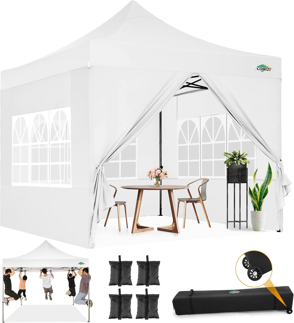 COBIZI 10x10 Pop Up Canopy with Sidewalls Heavy Duty Commercial Tent Easy Up Outdoor Canopy for Party, Wedding, Event and Backyard, All Season Windproof&Waterproof with Roller Bag UPF 50+, White