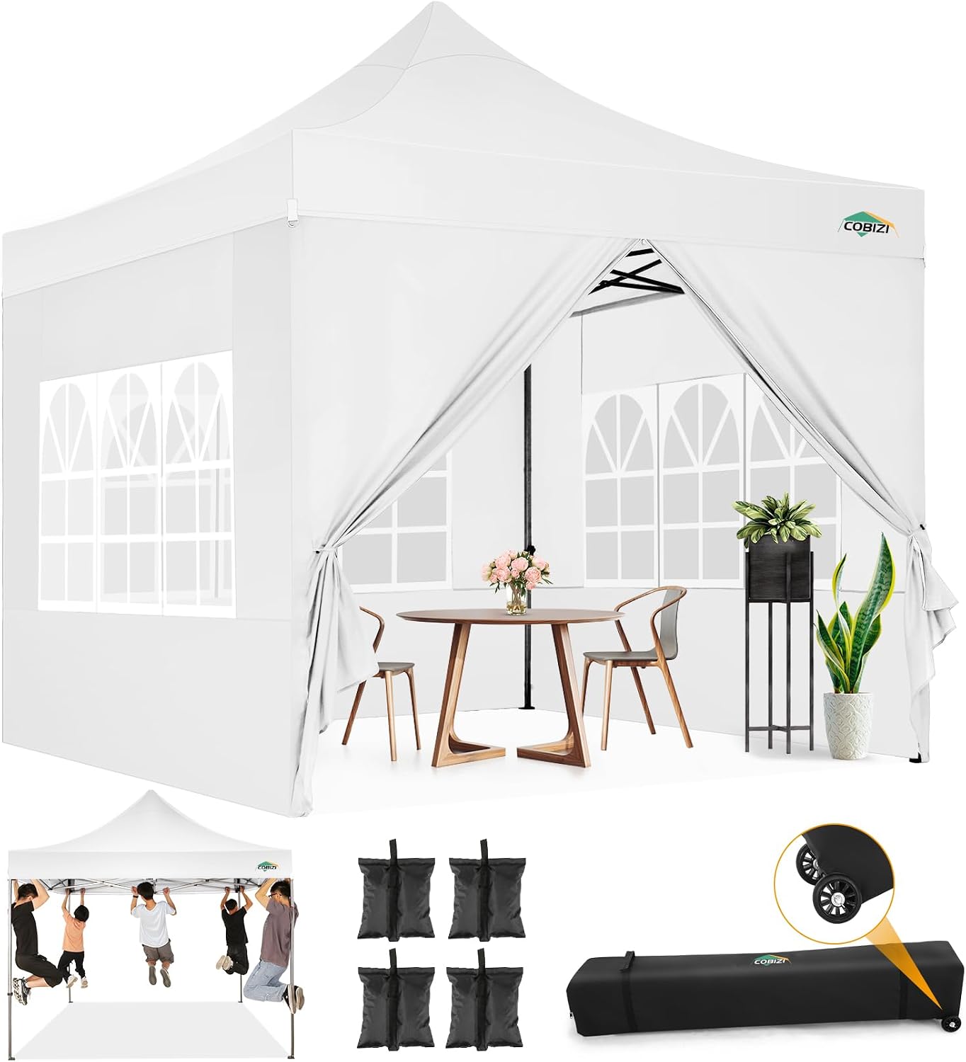 COBIZI 10x10 Pop Up Canopy with Sidewalls Heavy Duty Commercial Tent Easy Up Outdoor Canopy for Party, Wedding, Event and Backyard, All Season Windproof&Waterproof with Roller Bag UPF 50+, White