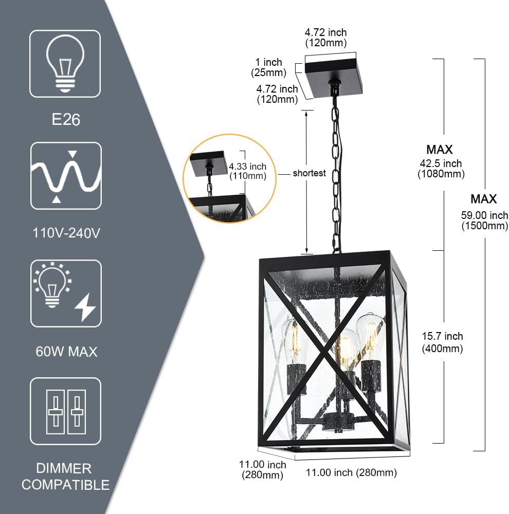 TODOLUZ Large Outdoor Pendant Light, Black Exterior Ceiling Porch Light with Seeded Glass Panel, Outdoor Chandelier Hanging Lantern for Garage Entryway Patio Front Door
