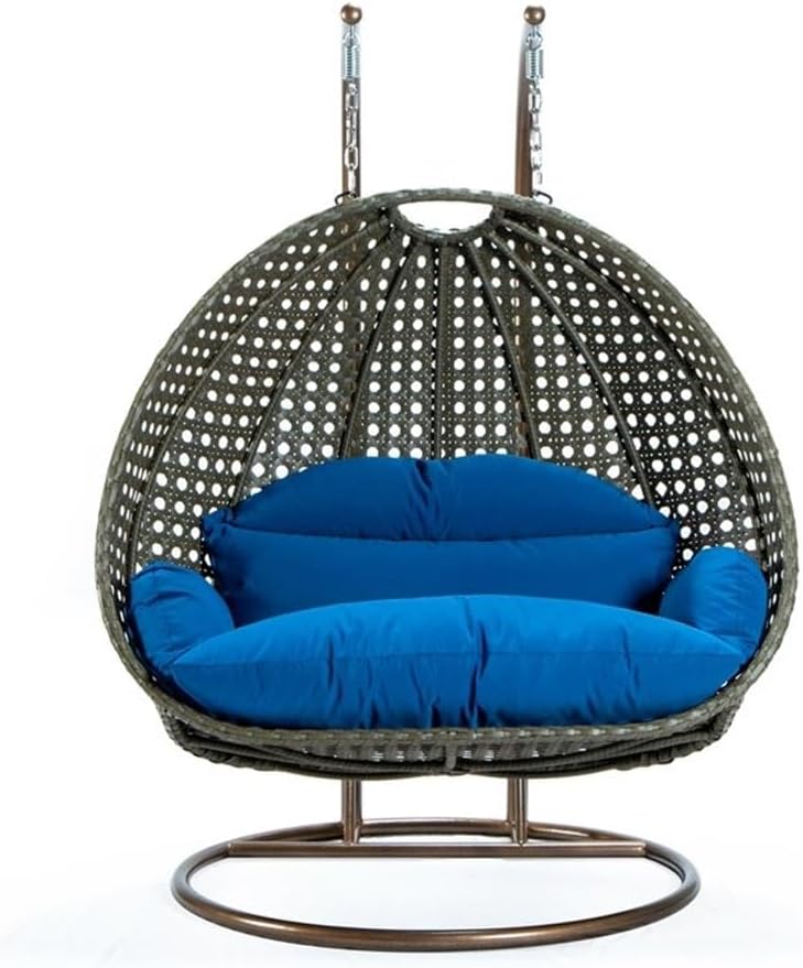 LeisureMod Blue Wicker 2 Person Egg Swing Chair with Beige Stand and Cushions - Double Hanging Hammock Lounge for Patio, Indoor & Outdoor Use