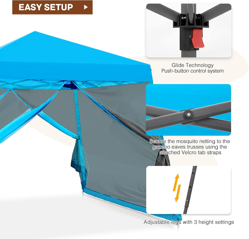 10x10 Pop Up Canopy Tent, Slant Leg Instant Screened Gazebo with Mesh Walls, UV Protection, Water Resistant, Light Blue