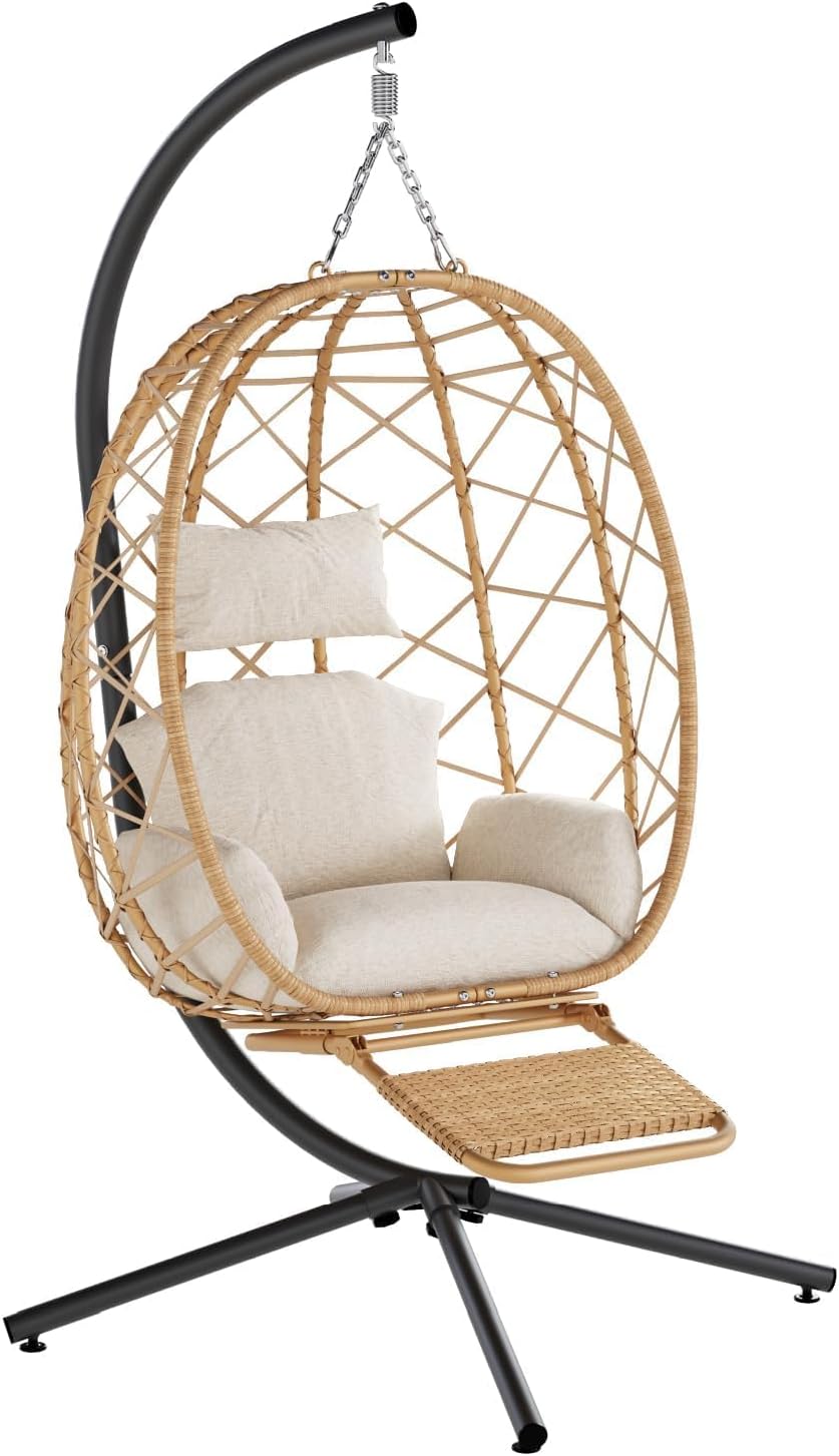 SWITTE Hanging Egg Chair with Stand & Footrest, Outdoor Indoor Rattan Wicker Swing Chair, Comfy Patio Egg Hammock Chairs with Cushion for Garden Backyard Balcony Bedroom, Natural