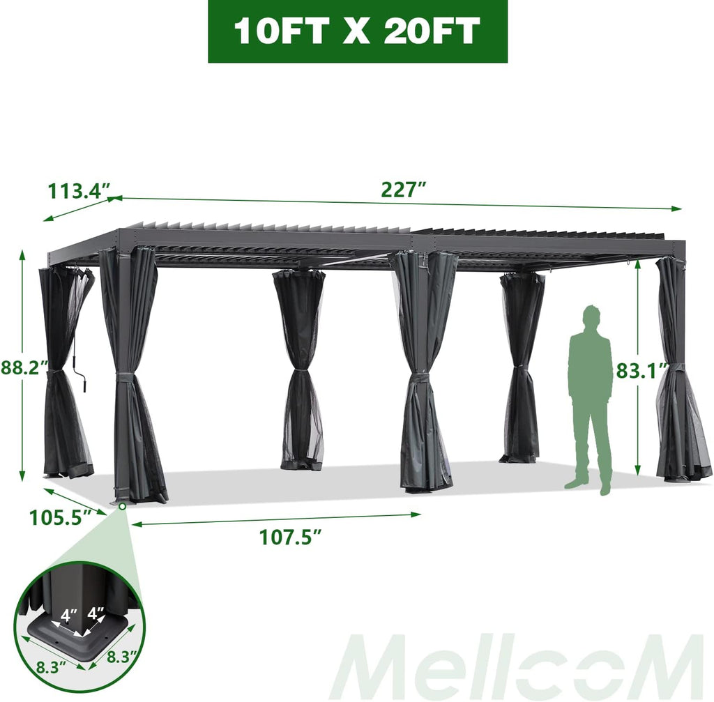 MELLCOM Aluminum Louvered Pergola - 10x20 with Adjustable Roof, Waterproof Curtains and Nets, Gray
