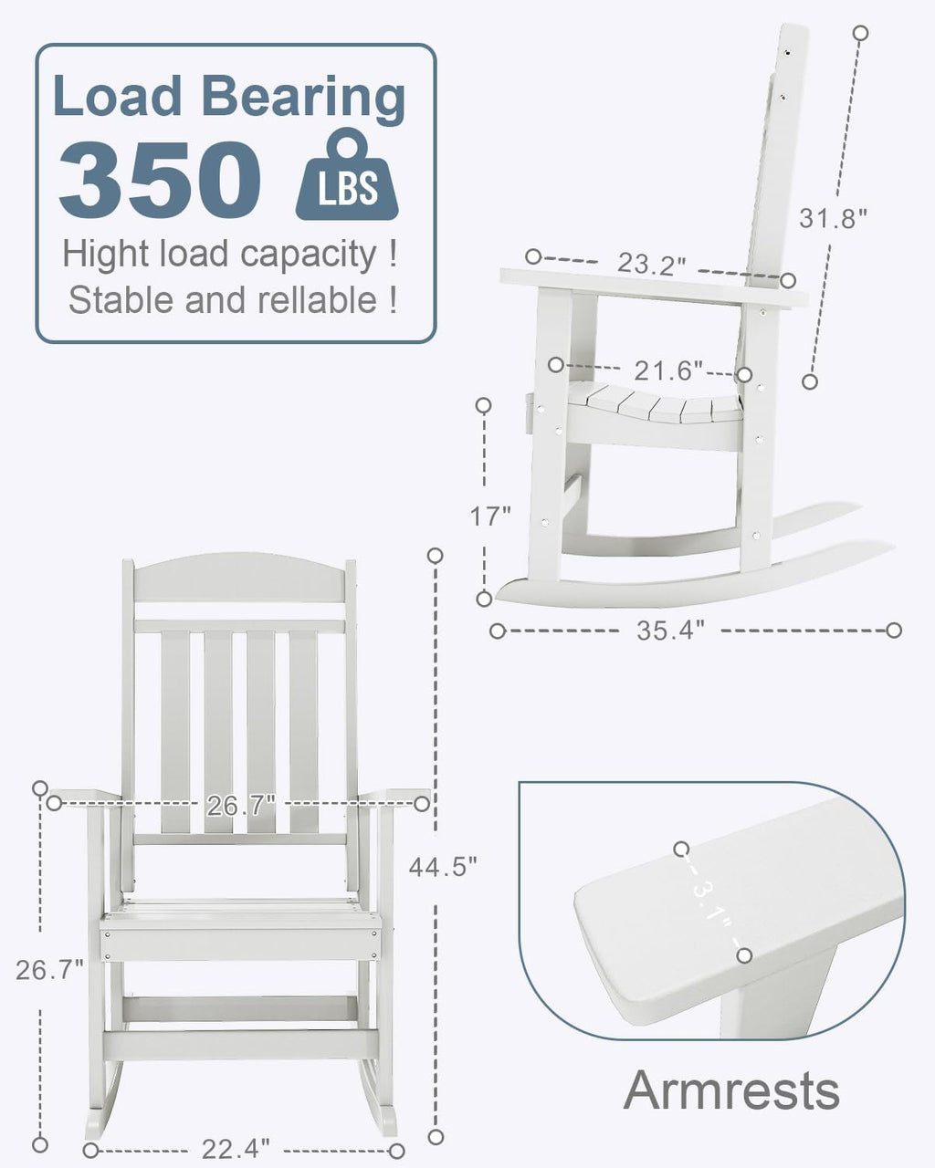 NAVINE Outdoor Rocking Chairs, Oversized High Back Patio Rocking Chairs, All Weather Porch Rocking Chairs for Outside. White