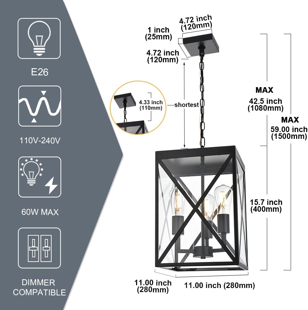 TODOLUZ Large Outdoor Porch Light Adjustable Chain, 3-Lights Modern Outdoor Pendant Lighting in Matte Black Finish, Outside Ceiling Mount Lamp for House Front Door Porch Patio Entryway