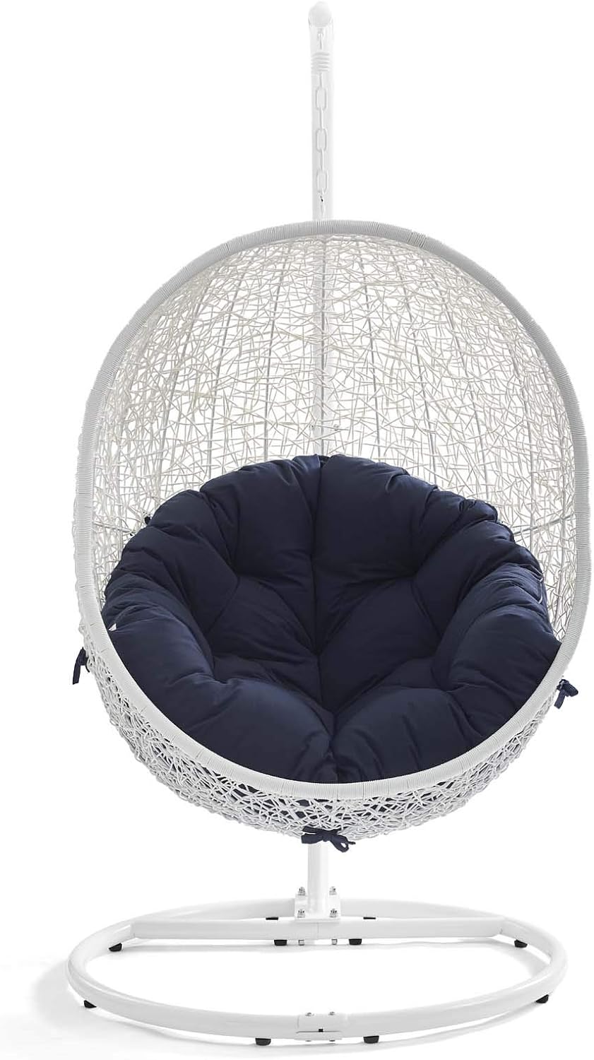 Modway Hide Wicker Rattan Outdoor Patio Porch Lounge Egg Swing Chair Set with Stand in White Navy