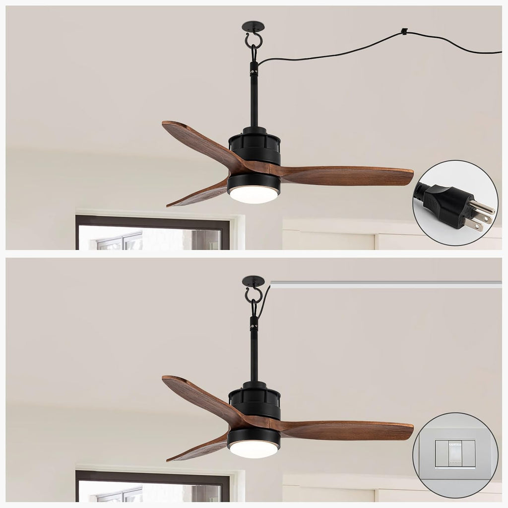 EKIZNSN 42' Wet Rated Ceiling Fans with Lights Outdoor Hanging for Gazebo Waterproof, DC Motor w 3 Reversible Walnut Wood Blades, Walnut