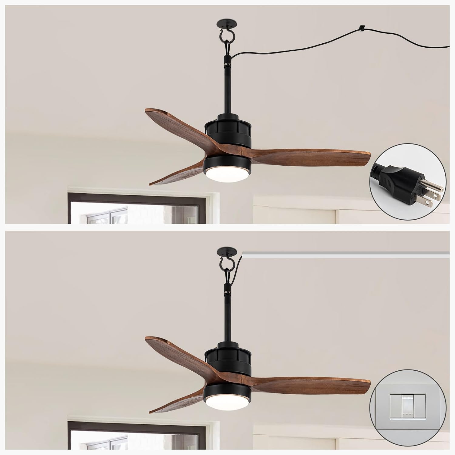EKIZNSN 42' Wet Rated Ceiling Fans with Lights Outdoor Hanging for Gazebo Waterproof, DC Motor w 3 Reversible Walnut Wood Blades, Walnut