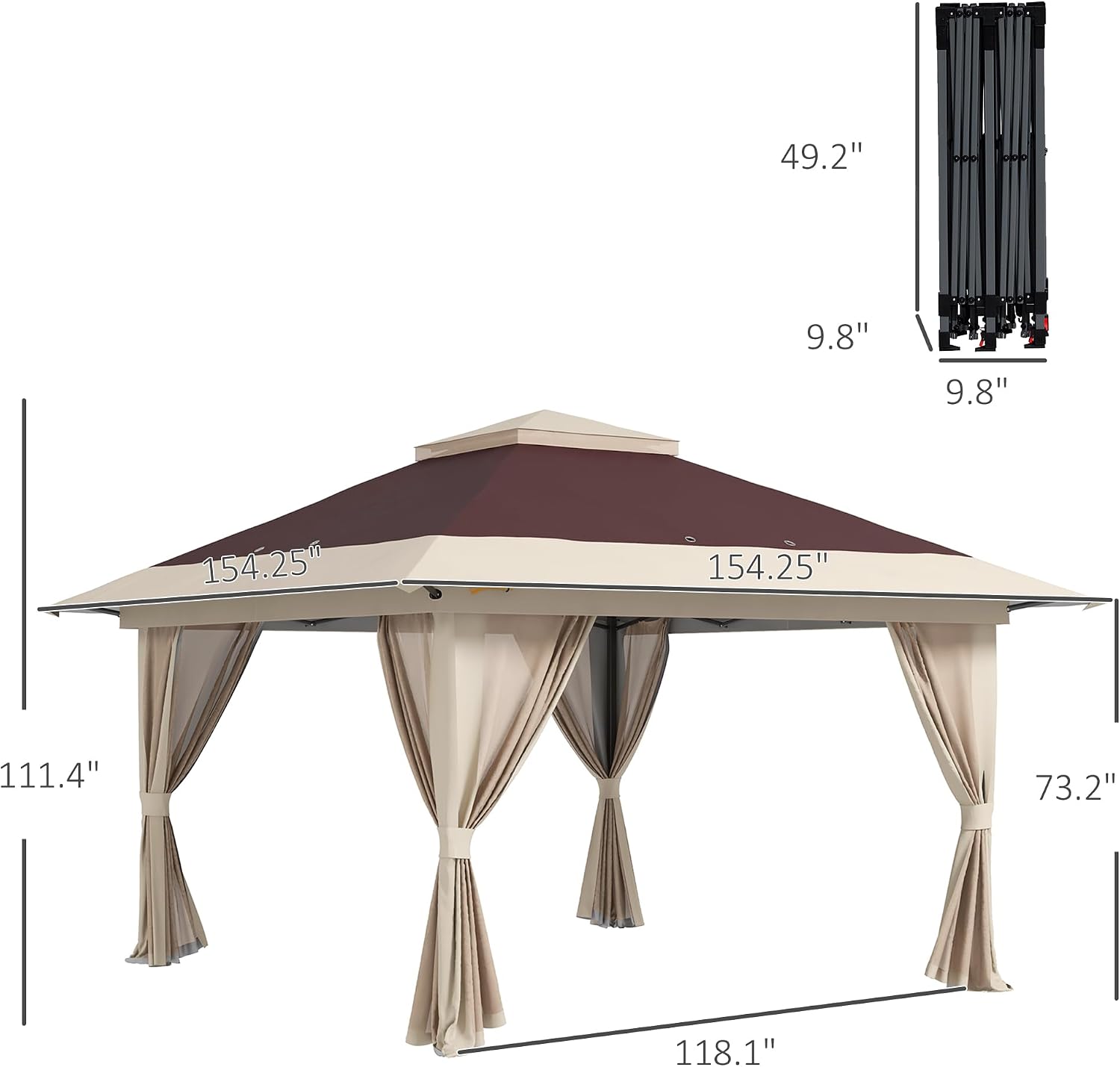Outsunny 13' x 13' Pop Up Gazebo with Netting, UPF 50+ Instant Canopy Tent Shelter with Water/Sand Bags, Wheeled Carry Bag, for Outdoor, Garden, Parties, Brown