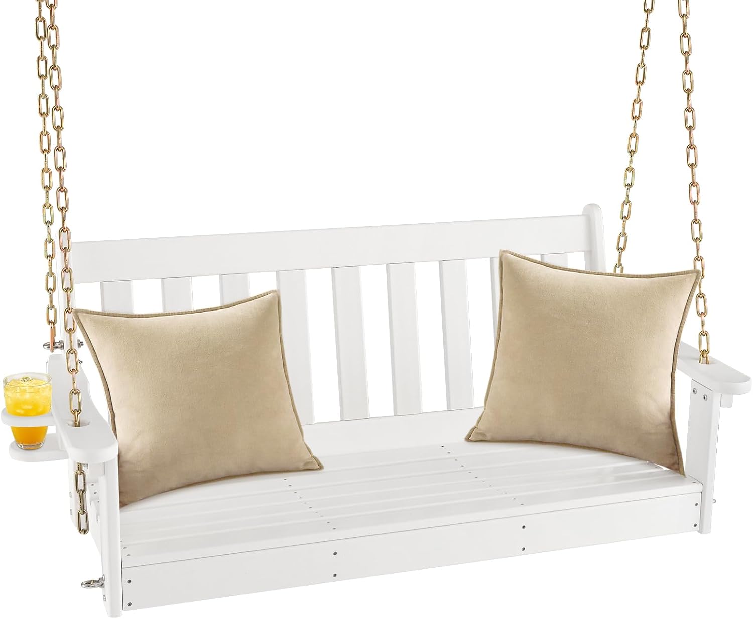 Tangkula 2 Person Hanging Porch Swing, Outdoor Bench Swing with Adjustable Chains, Hidden Cup Holder, HDPE Tree Swing Chair for Patio Backyard Deck Garden, 54 Inch