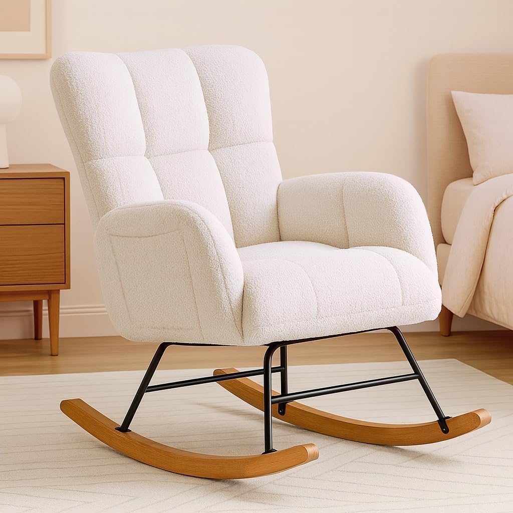 COMHOMA Nursery Rocking Chair, Teddy Upholstered Glider Rocking Chair with Side Pockets, Accent Chair with High Backrest Reading Chair for Adult, Nursery, Bedroom, Living Room,Offices (White)
