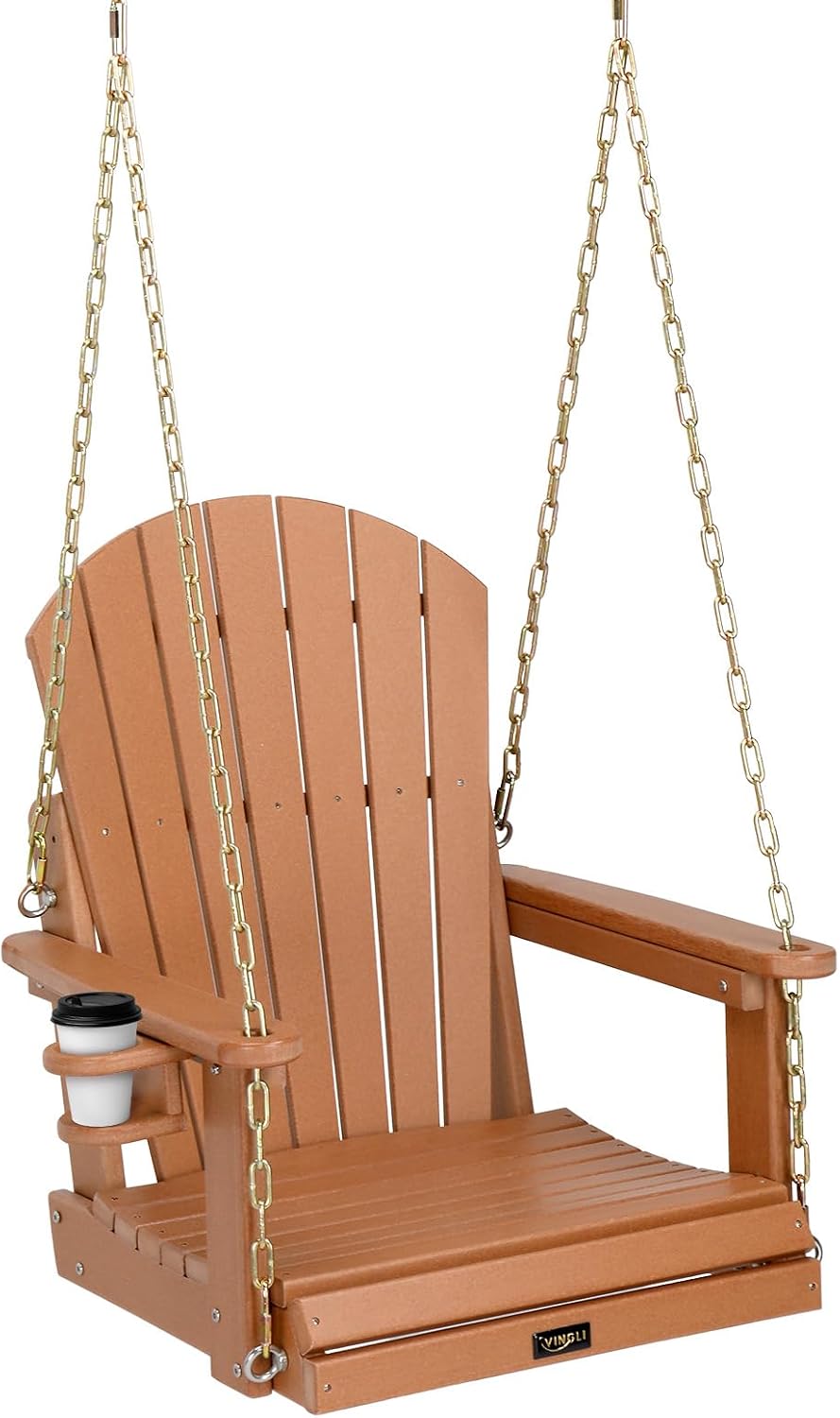 VINGLI Heavy Duty 880 LBS HDPE Porch Swing Outdoor with Rotatable Cup Holder, 1-Person Patio Hanging Swing with Adjustable Chains for Porch, Yard, Tree, Garden (Teak)