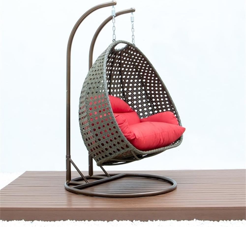 LeisureMod 2 Person Wicker Egg Chair Outdoor Indoor Bedroom Patio Hanging Lounge Swing Hammock Chairs with Beige Stand and UV Resistant Cushions (Red)