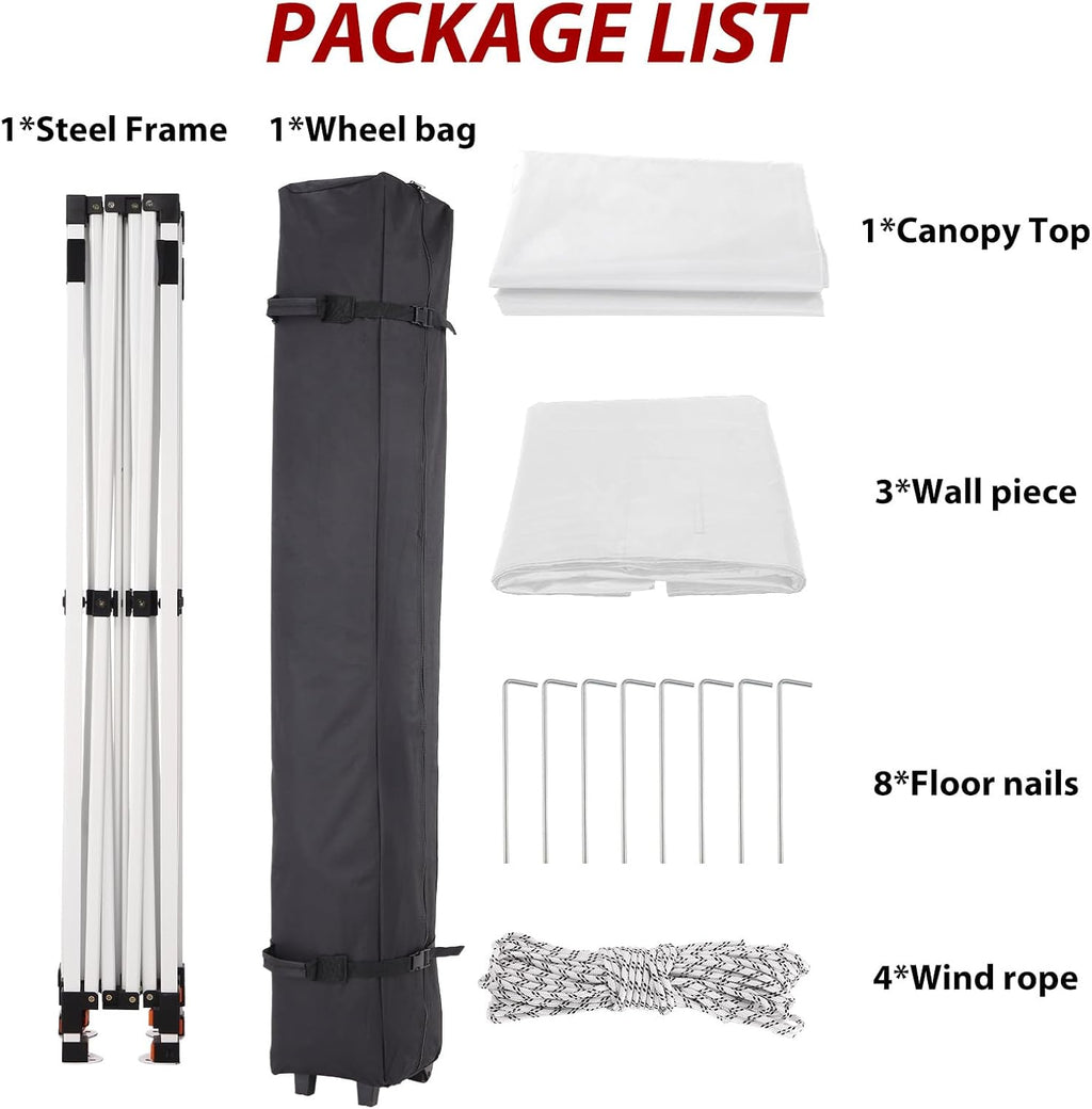 Pop-up Waterproof Windproof and UV-Proof Gazebo Instant Portable Canopy Tent 10'x10' with 3 Side Walls, 1 Wheeled Bag, 8 Ground pegs for stall/Outdoor/Party Events (10FTx10FT, White)