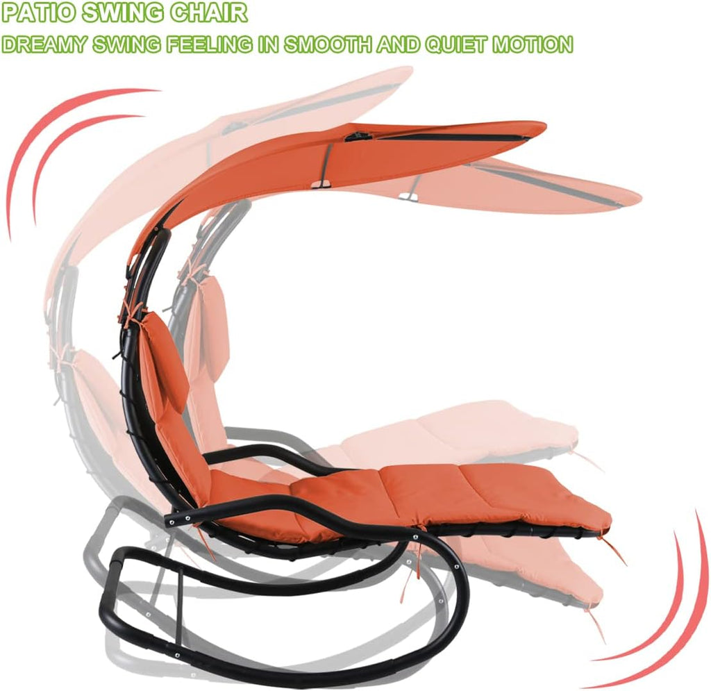 Outdoor Hammock Rocking Chaise Lounge Swing Chair, with Stand and Canopy, Porch Swing w/Soft Cushion Removable Headrest, Outdoor Recliner Rocking Chair for Garden Backyard Poolside (Orange)