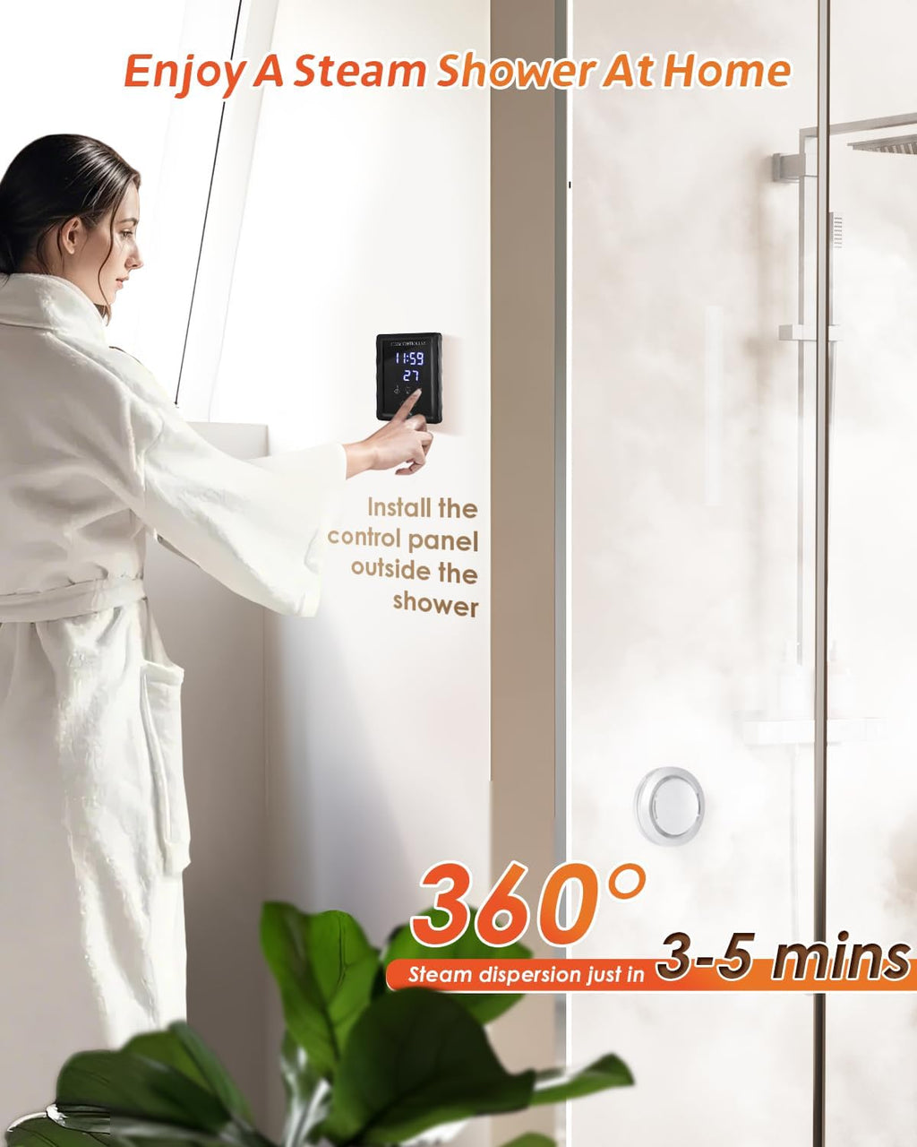 Steam Shower Generator Kit 10.5KW for Bath Sauna SPA, Self-draining System, Aromatherapy Steam Head, LED Touchscreen Controller, 12-Hour Timer 77-131℉ For Home Commercial Use