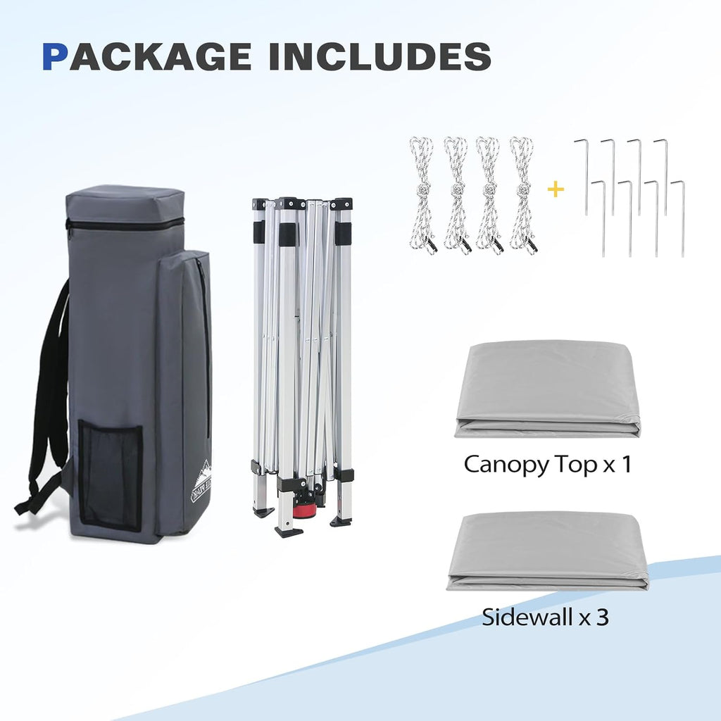 EAGLE PEAK Day Tripper 8x8 Aluminum Super-Lightweight Pop Up Canopy with 3 Removable Walls, Instant Outdoor Backpack Canopy Tent, Outside Beach Folding Sun Shelter, 8x8 Base 6x6 Top, Light Gray