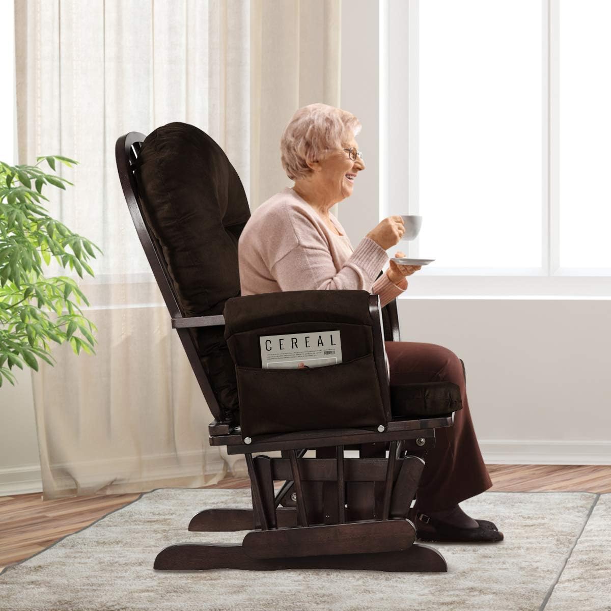 Costzon Nursery Glider with Ottoman, Upholstered Comfort Glider Rocker with Padded Cushion, Storage Pocket, Solid Wood Base, Rocking Chair Nursery for Breastfeeding, Napping (Brown)