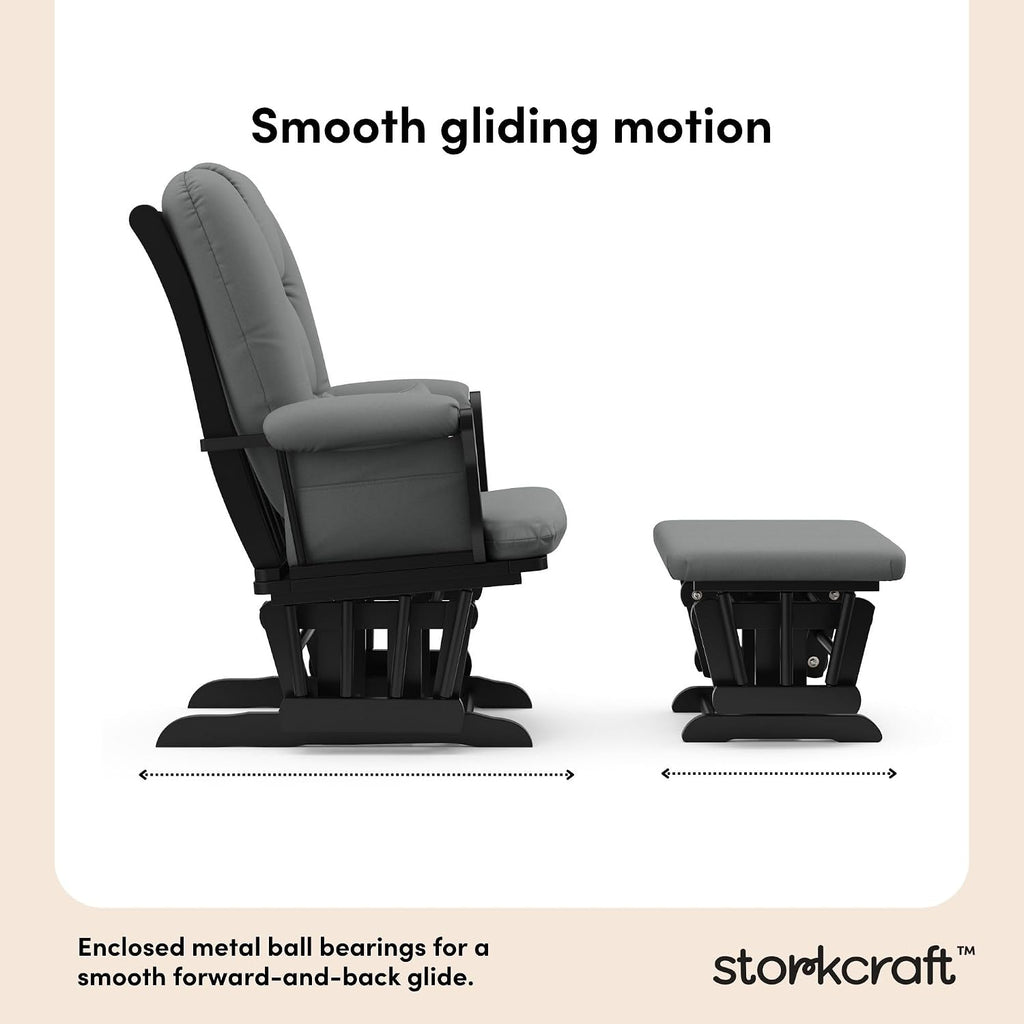 Storkcraft Tuscany Glider with Ottoman (Black/Gray) — GREENGUARD Gold Certified, Bonus Lumbar Cushion Included, Solid Wood Base, Smooth Motion, Award-Winning Nursery Rocking Chair, Glider and Ottoman