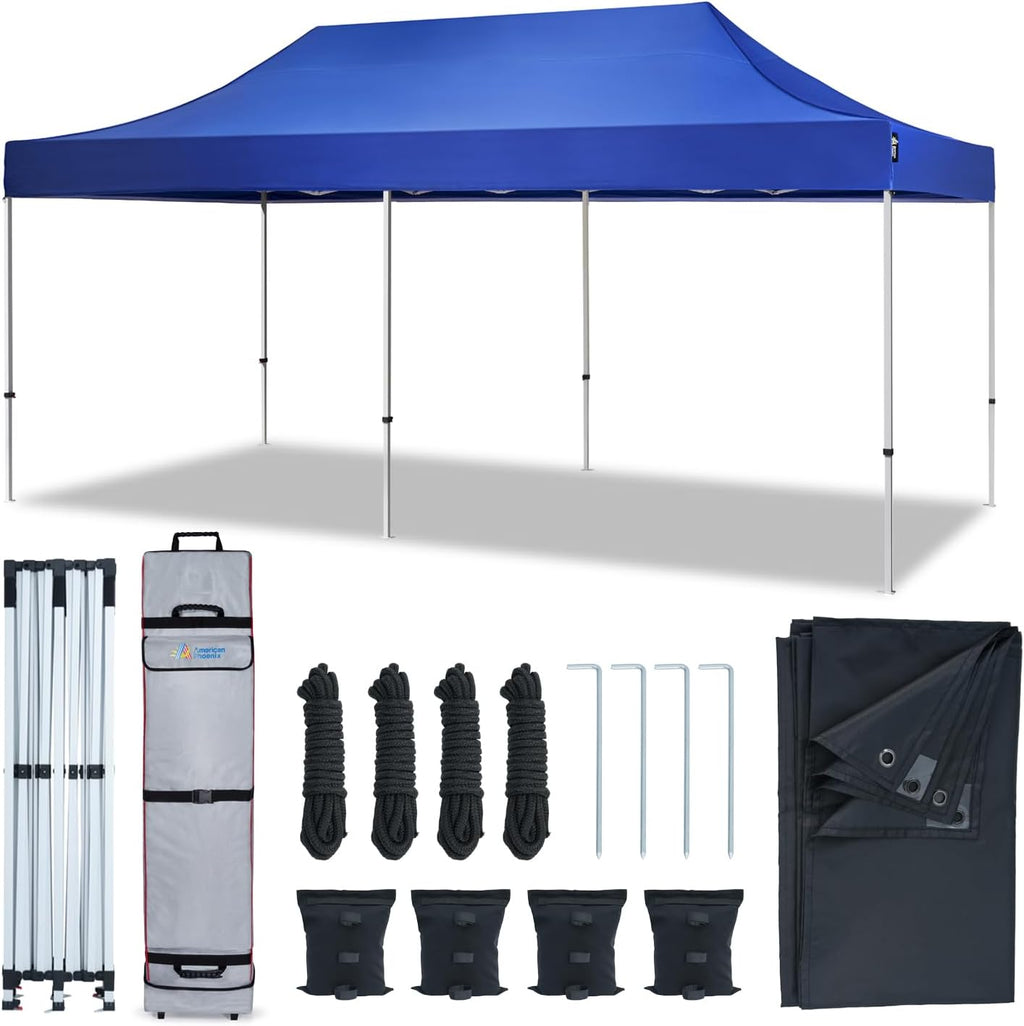 AMERICAN PHOENIX 10x20 Pop Up Canopy Tent Heavy Duty Commercial Shelter for Party, Outdoor Events and Patio Portable Instant Market Gazebo with Roller Bag, Camping Tarp, 4 Ropes and 4 Stakes (Blue)
