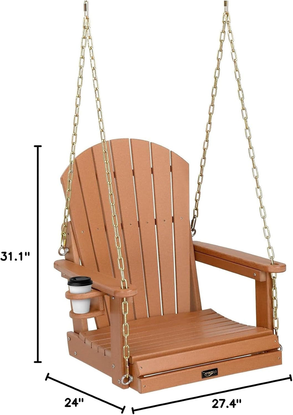 VINGLI Heavy Duty 880 LBS HDPE Porch Swing Outdoor with Rotatable Cup Holder, 1-Person Patio Hanging Swing with Adjustable Chains for Porch, Yard, Tree, Garden (Teak)