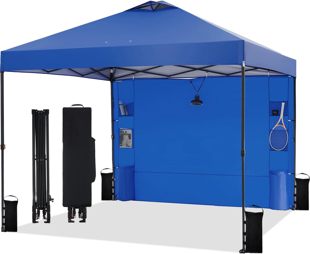 Tunbne 10'x10' Pop Up Canopy Tent with 1 Sidewall and 6 Pockets, One Push Setup, Instant Shade Tent with Vented Roof for Beach Patio Outdoor, Case, 8 Stakes, 4 Ropes, 4 Sandbags (Royal Navy, 10x10)